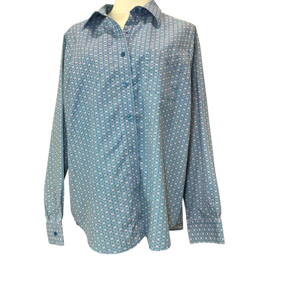 BFA Classic Blue Button Down Shirt L Geometric Floral Print Long Sleeve Blouse - Picture 1 of 8